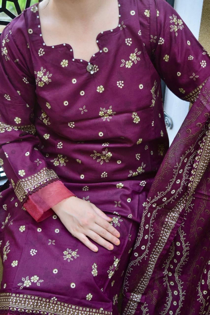 ZAREV Royal Plum & Gold Print Stitched Lawn 3PC Suit