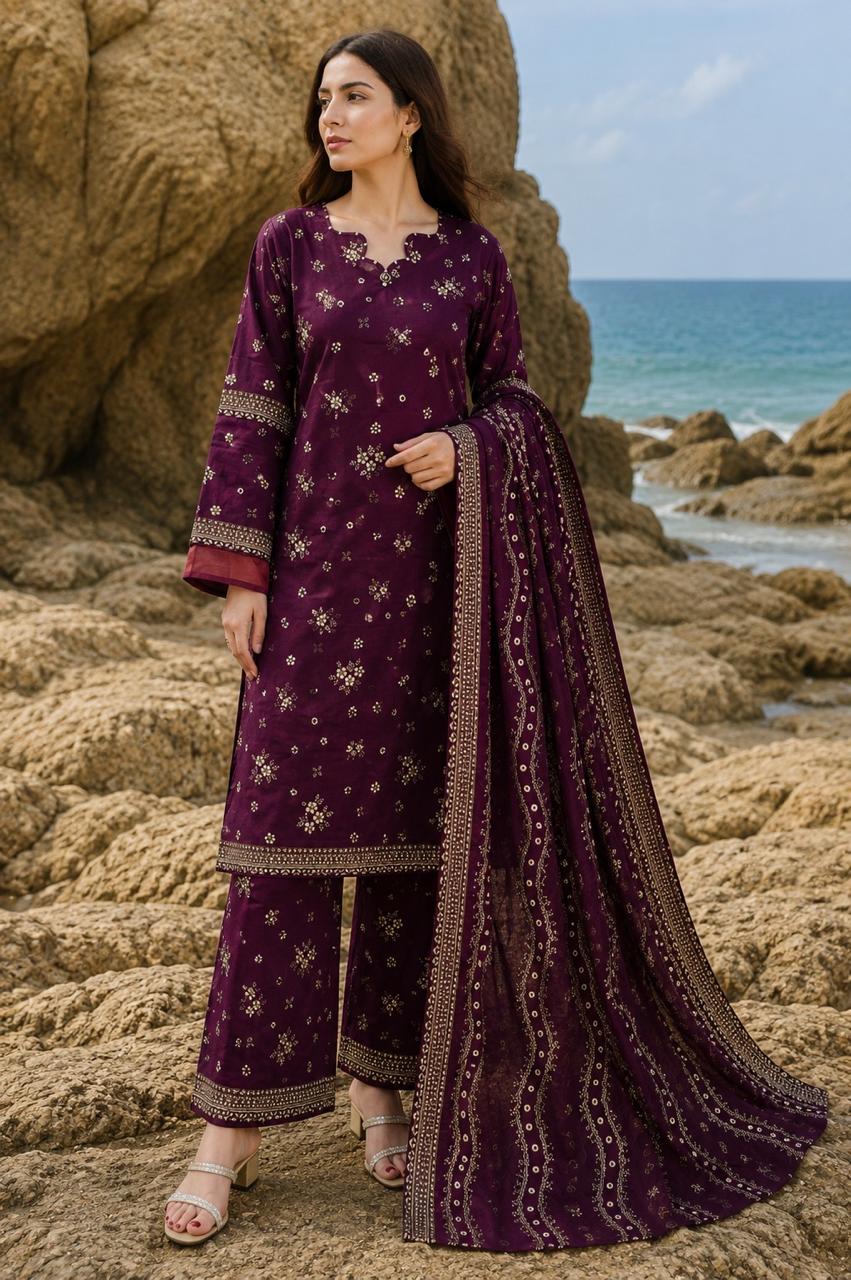 ZAREV Royal Plum & Gold Print Stitched Lawn 3PC Suit