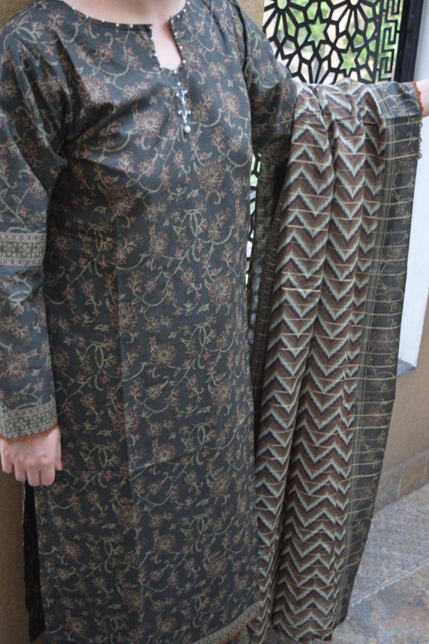ZAREV Charcoal Green Botanical Printed Stitched Lawn Collection