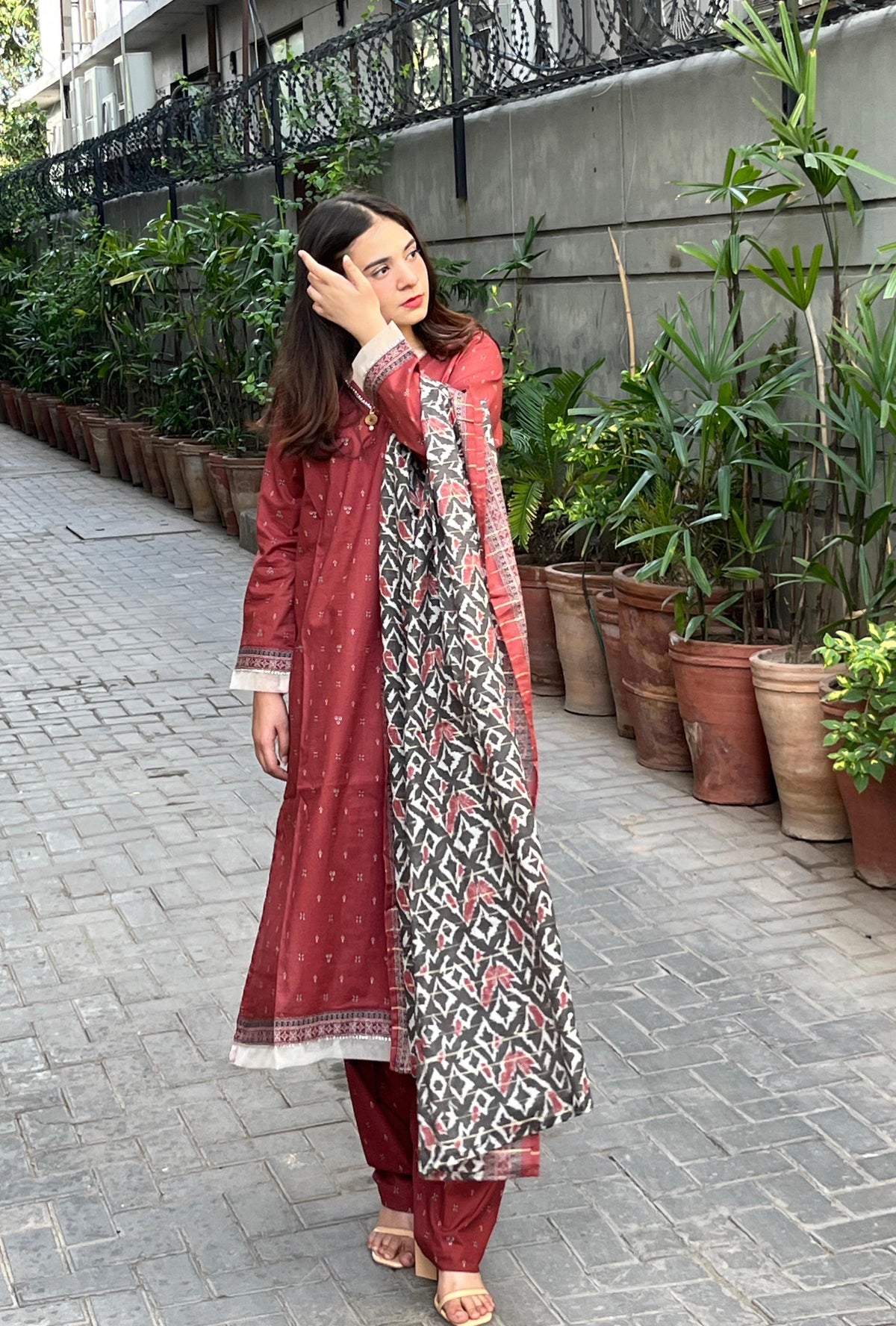 ZAREV Rust Maroon Printed 3-Piece Stitched Lawn Suit