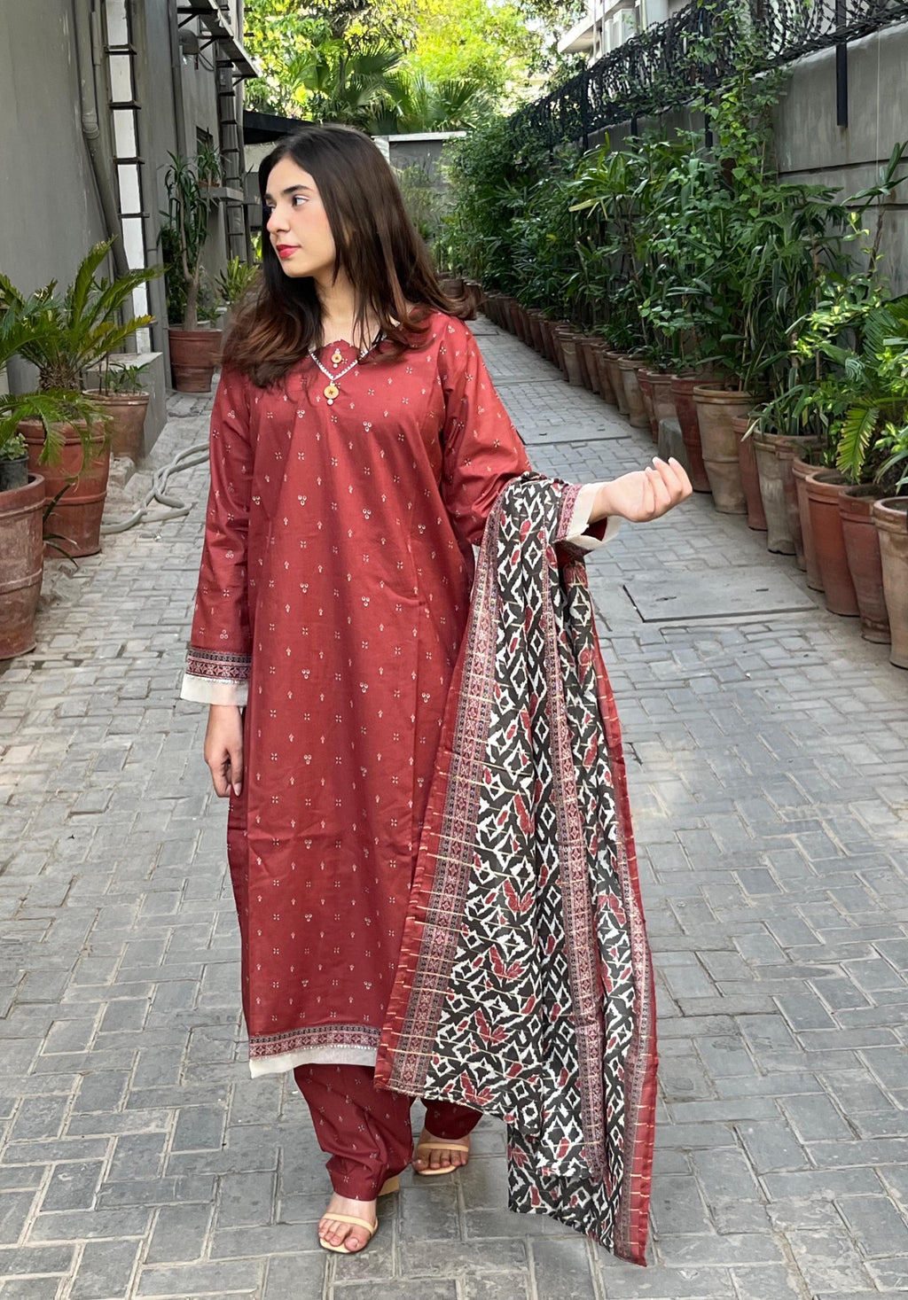 ZAREV Rust Maroon Printed 3-Piece Stitched Lawn Suit