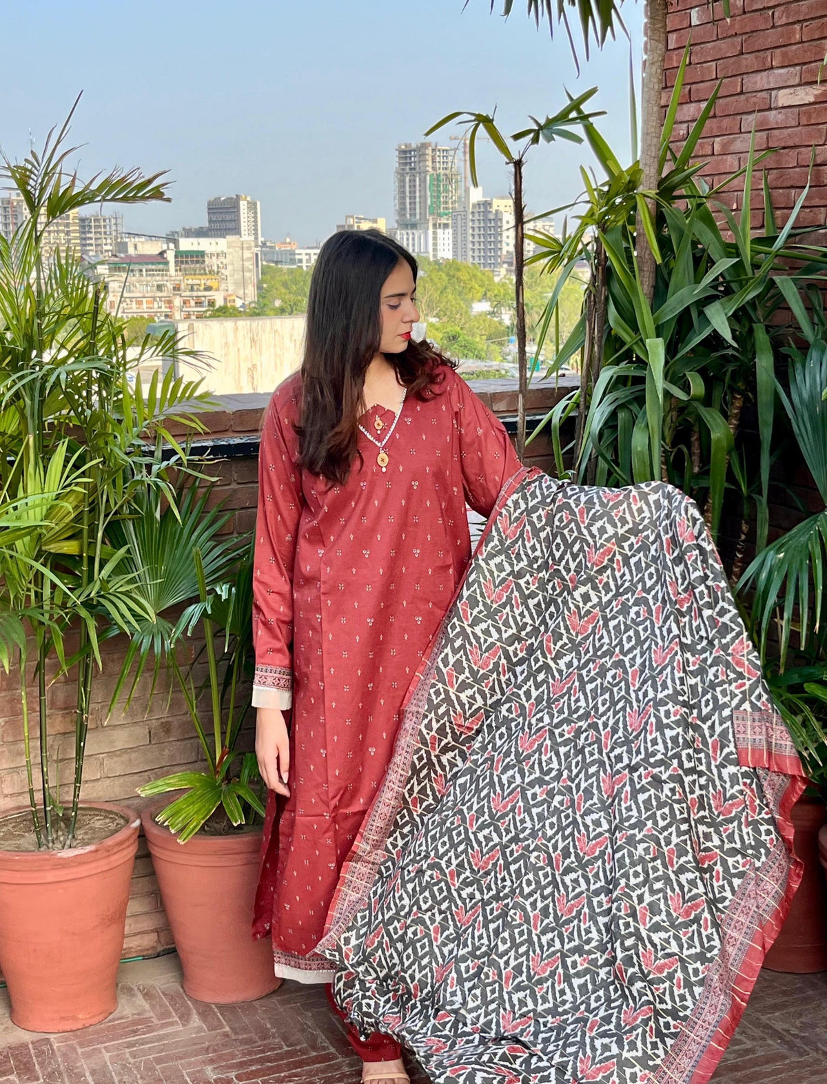 ZAREV Rust Maroon Printed 3-Piece Stitched Lawn Suit