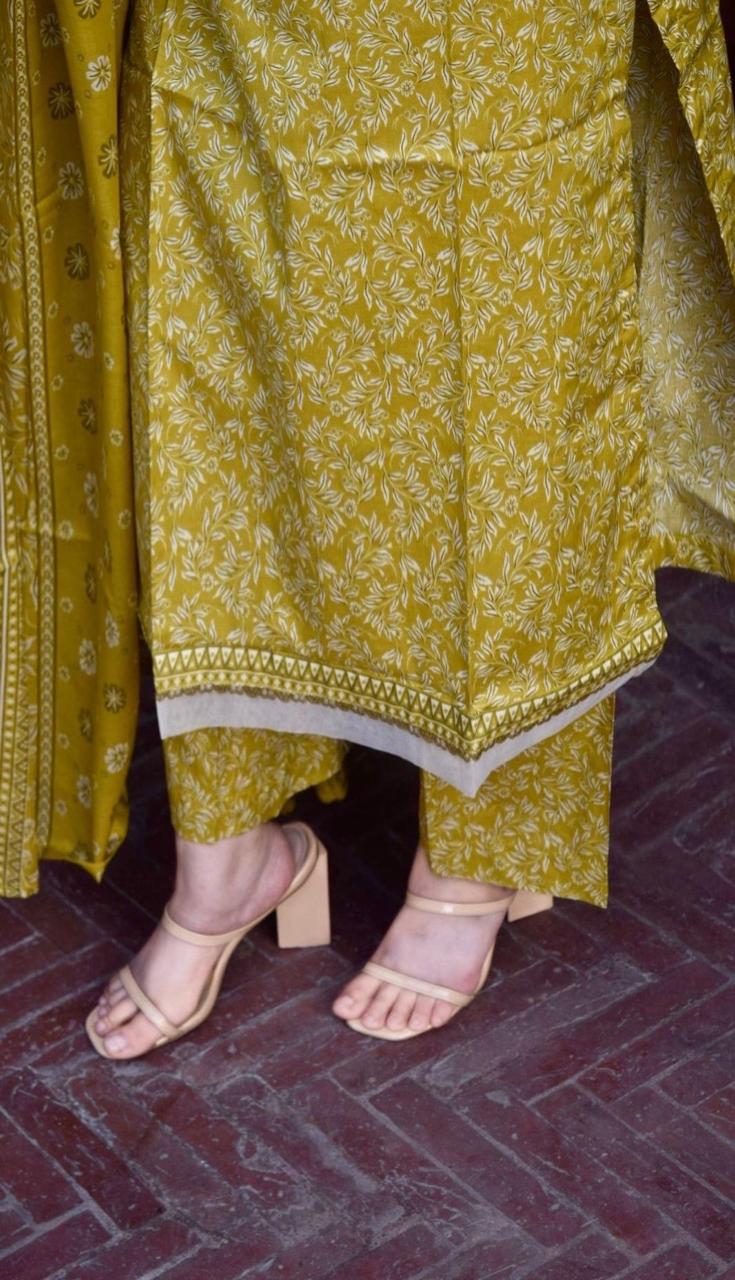 ZAREV Mustard Yellow Printed 3-Piece Stitched Lawn Suit
