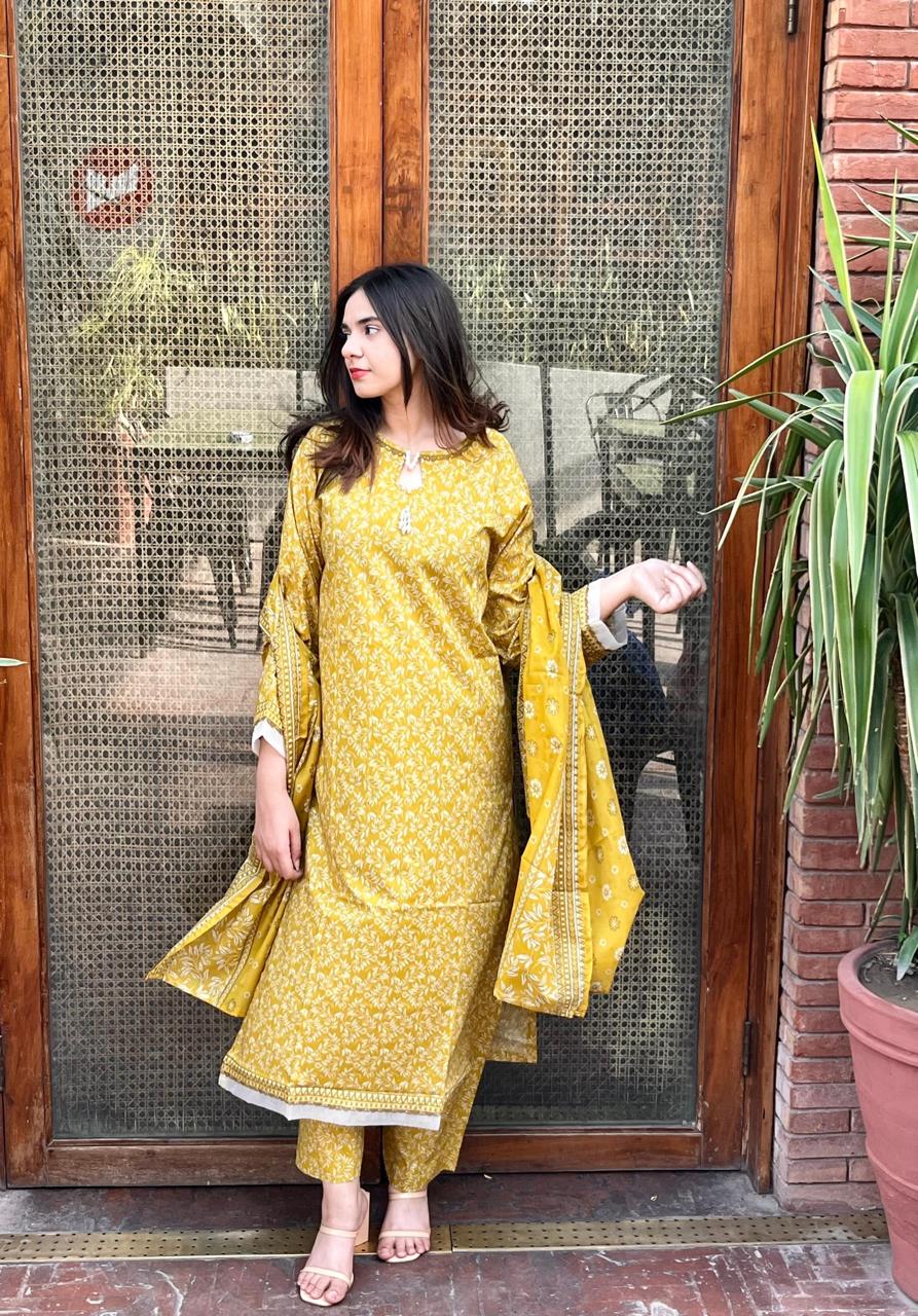 ZAREV Mustard Yellow Printed 3-Piece Stitched Lawn Suit