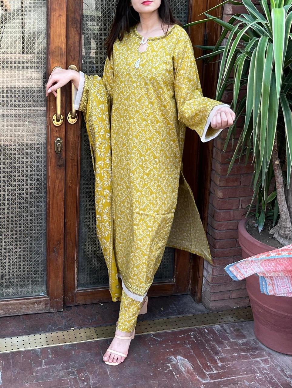 ZAREV Mustard Yellow Printed 3-Piece Stitched Lawn Suit