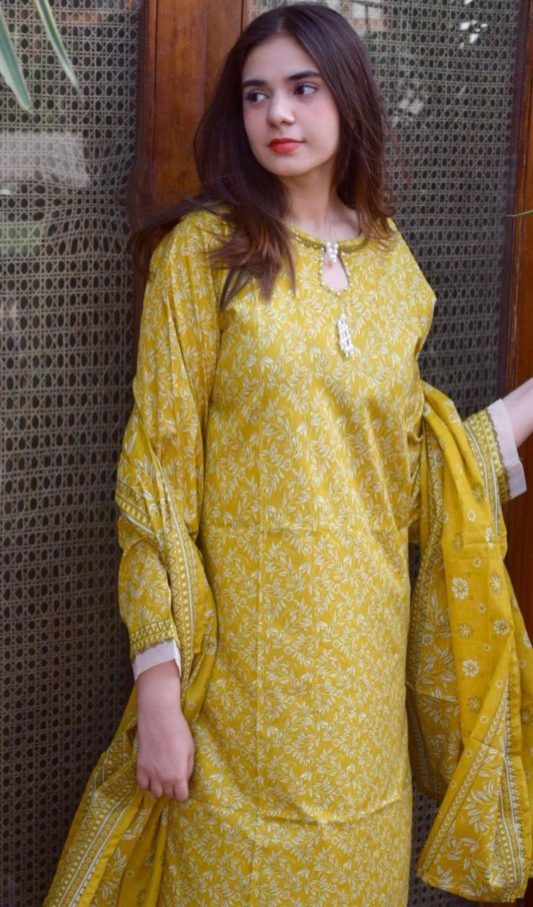 ZAREV Mustard Yellow Printed 3-Piece Stitched Lawn Suit