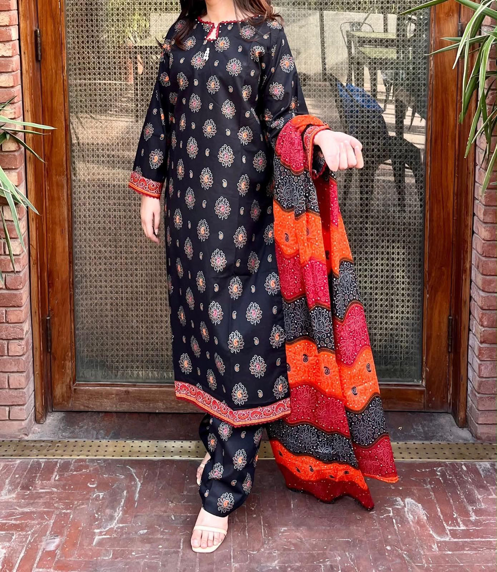 ZAREV Black Ethnic Printed 3-Piece Stitched Lawn Suit with Chunri Dupatta