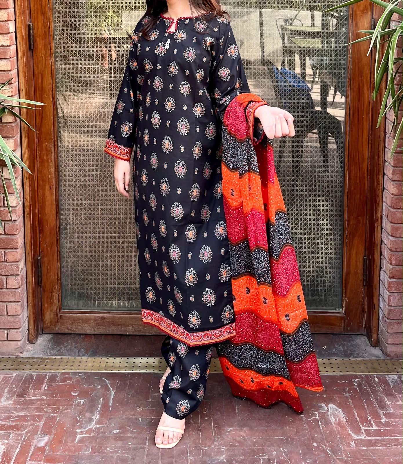 ZAREV Black Ethnic Printed 3-Piece Stitched Lawn Suit with Chunri Dupatta