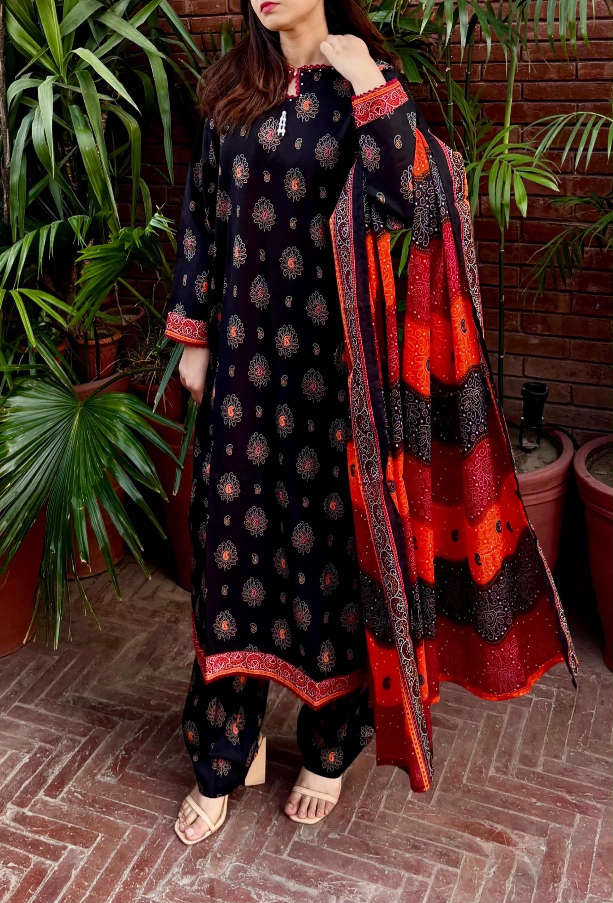 ZAREV Black Ethnic Printed 3-Piece Stitched Lawn Suit with Chunri Dupatta