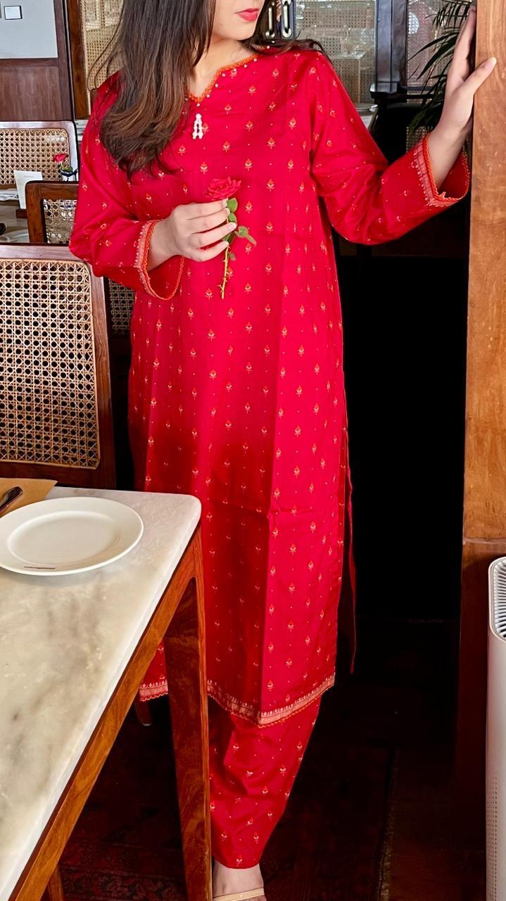 ZAREV Vibrant Red Printed 3-Piece Stitched Lawn Suit