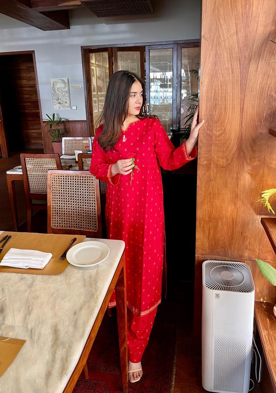 ZAREV Vibrant Red Printed 3-Piece Stitched Lawn Suit