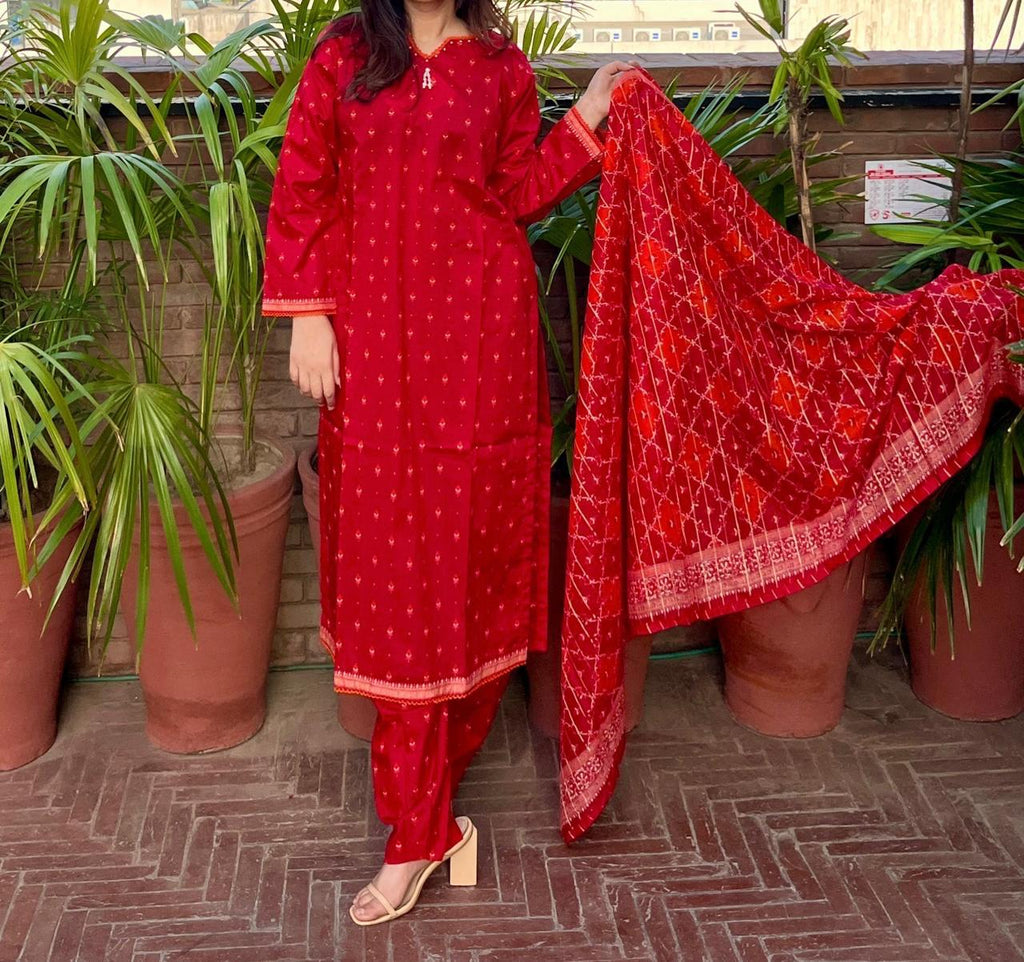 ZAREV Vibrant Red Printed 3-Piece Stitched Lawn Suit