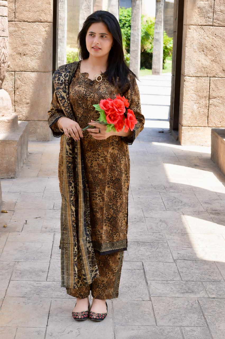 ZAREV Brown Cheetah Print Lawn 3PC Suit with Embellished Neckline