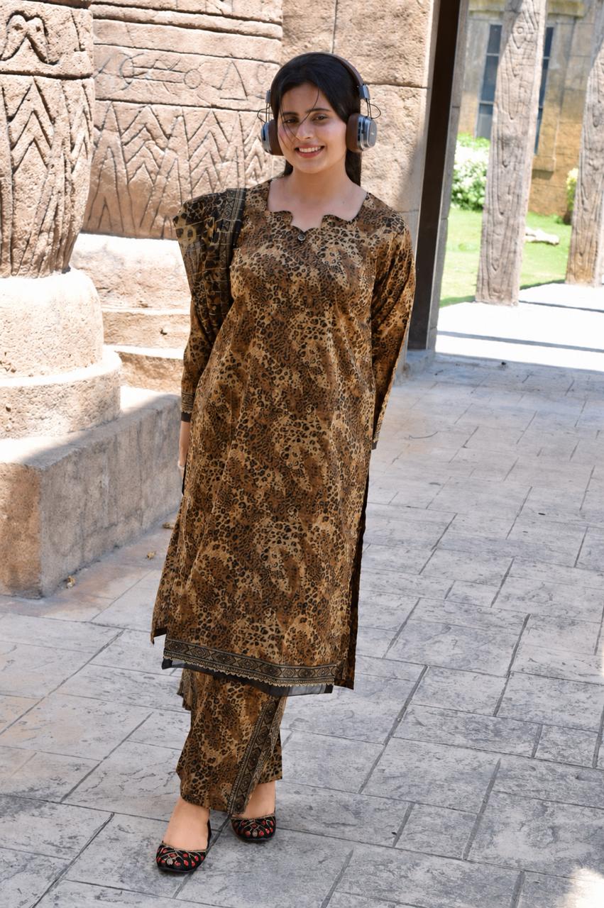 ZAREV Brown Cheetah Print Lawn 3PC Suit with Embellished Neckline