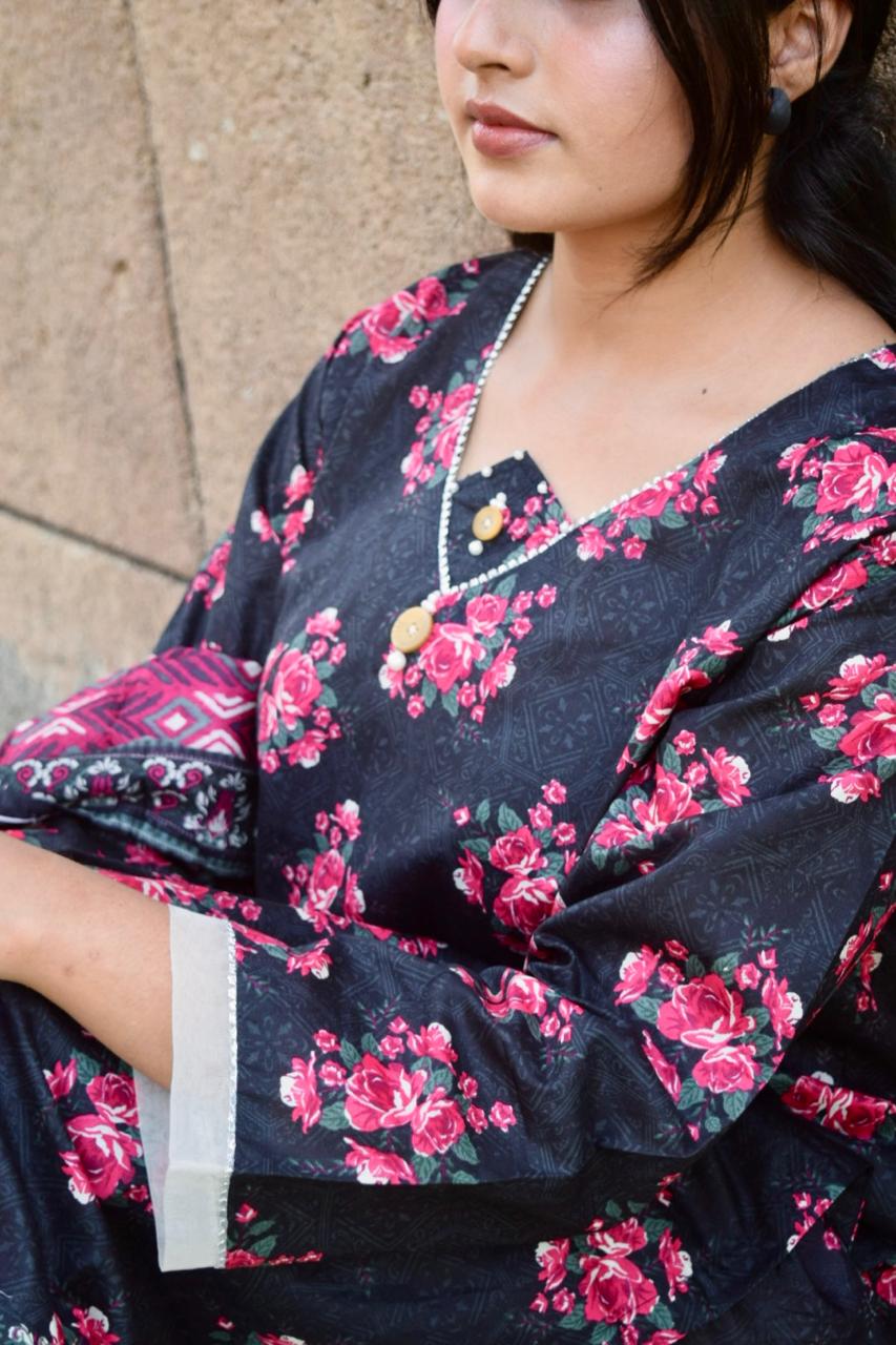 ZAREV Black & Pink Floral Printed 3-Piece Stitched Lawn Suit