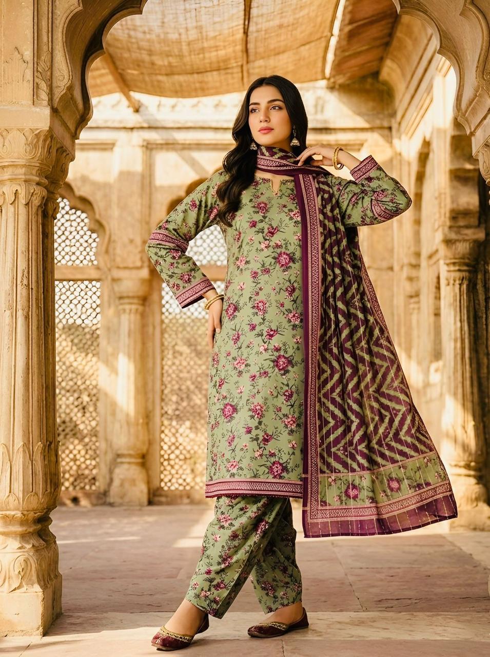 ZAREV Sage Green Floral Printed 3-Piece Stitched Lawn Suit