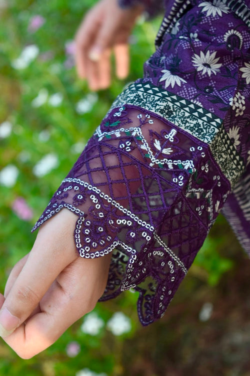 ZAREV Aubergine Purple Embroidered Lawn 3PC Suit with Striped Dupatta