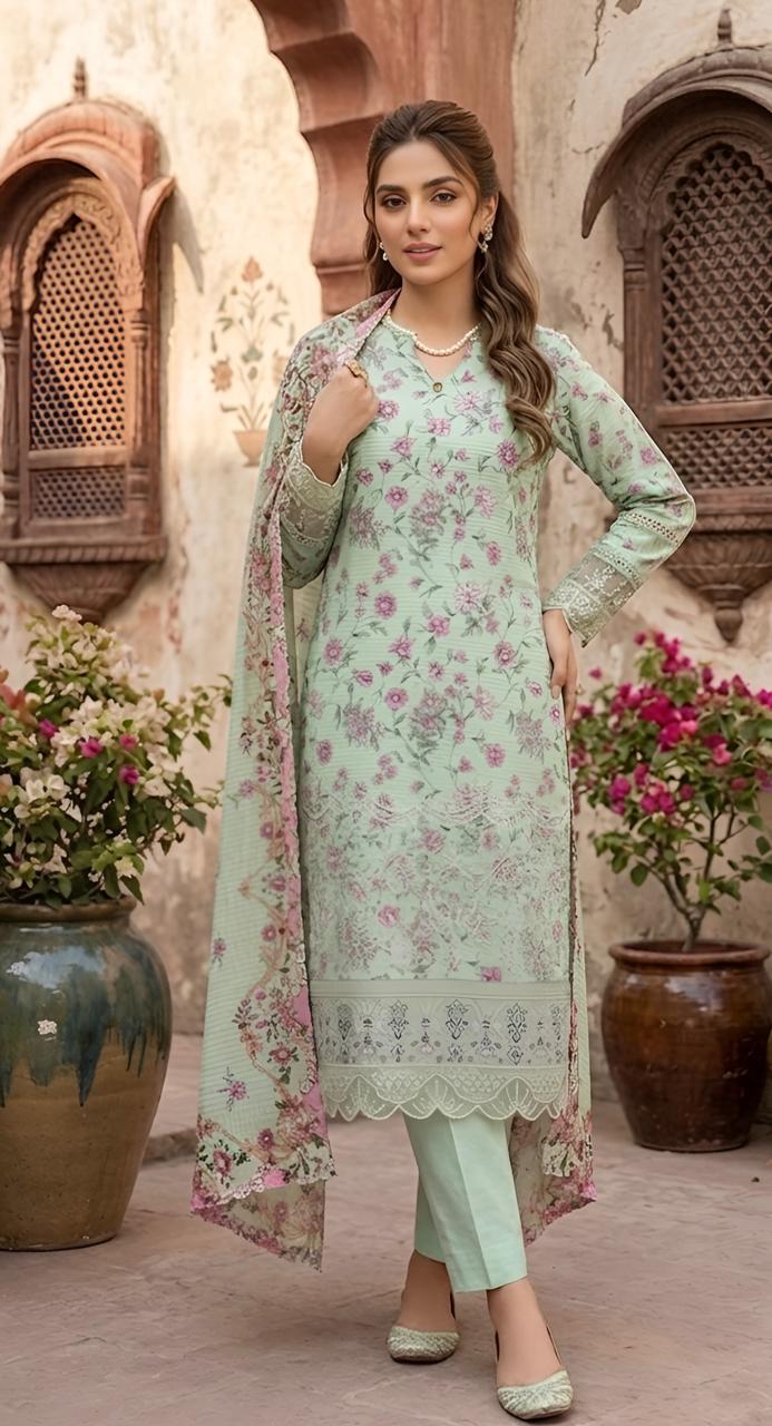 ZAREV Mint Green Floral Embroidered Stitched Lawn Collection