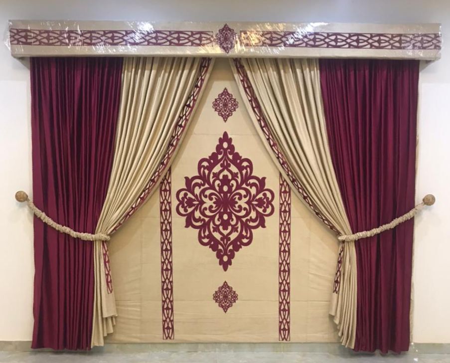 ZAREV Royal Maroon & Gold Velvet Curtain Set with Wooden Pelmet