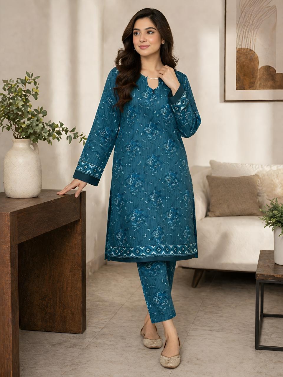 ZAREV – Teal Blue Textured Floral Print 2-Piece Stitched Suit