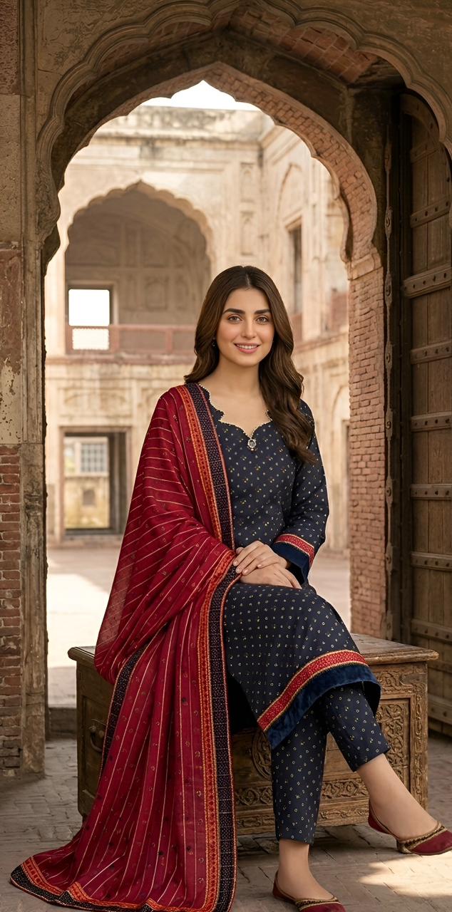 ZAREV Midnight Crimson – Premium Printed Luxury Lawn 3-Piece Stitched Ensemble
