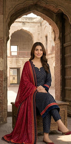 ZAREV Midnight Crimson – Premium Printed Luxury Lawn 3-Piece Stitched Ensemble