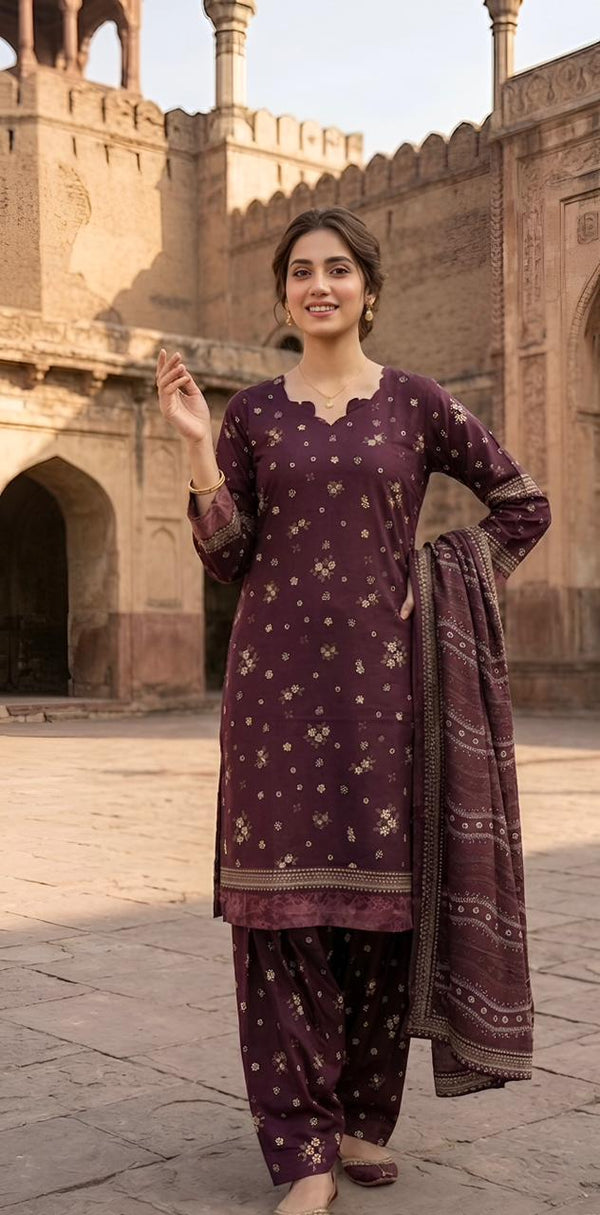 ZAREV Royal Plum – Premium Printed Luxury Lawn 3-Piece Stitched Ensemble