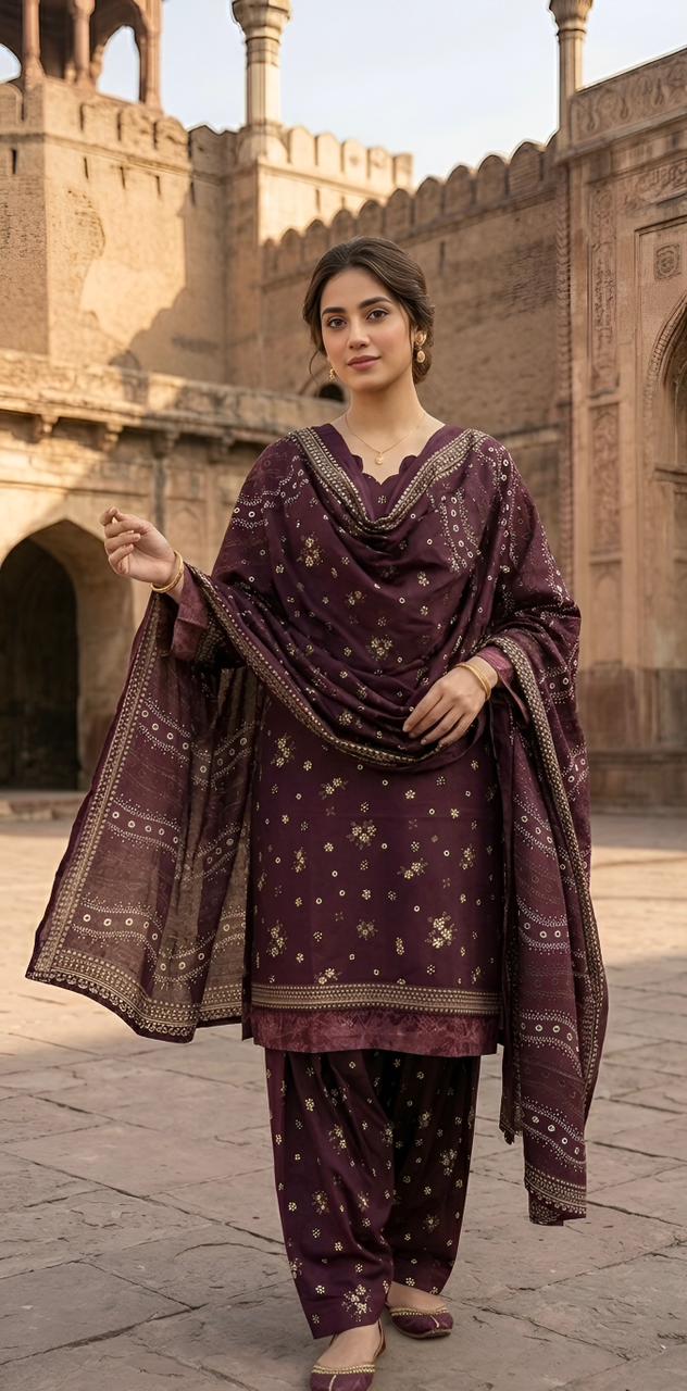 ZAREV Royal Plum – Premium Printed Luxury Lawn 3-Piece Stitched Ensemble