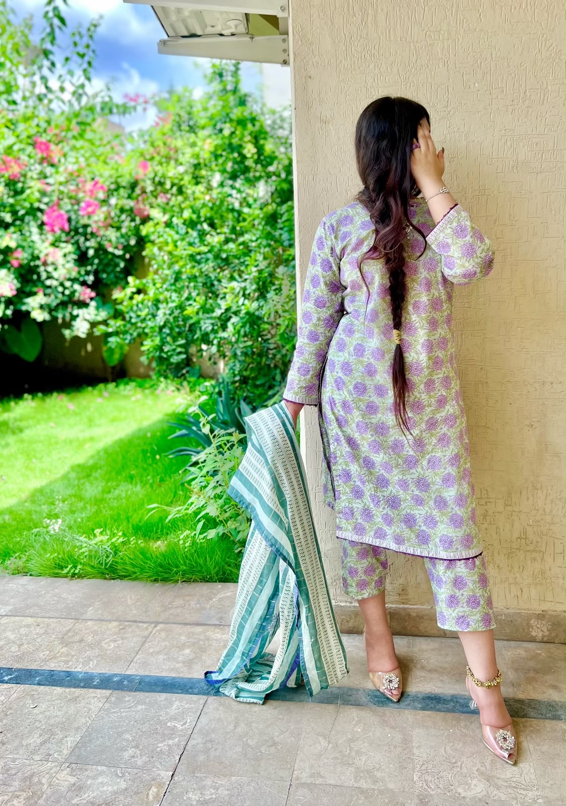ZAREV Purple Floral Printed Lawn 3PC Suit with Sea Green Dupatta