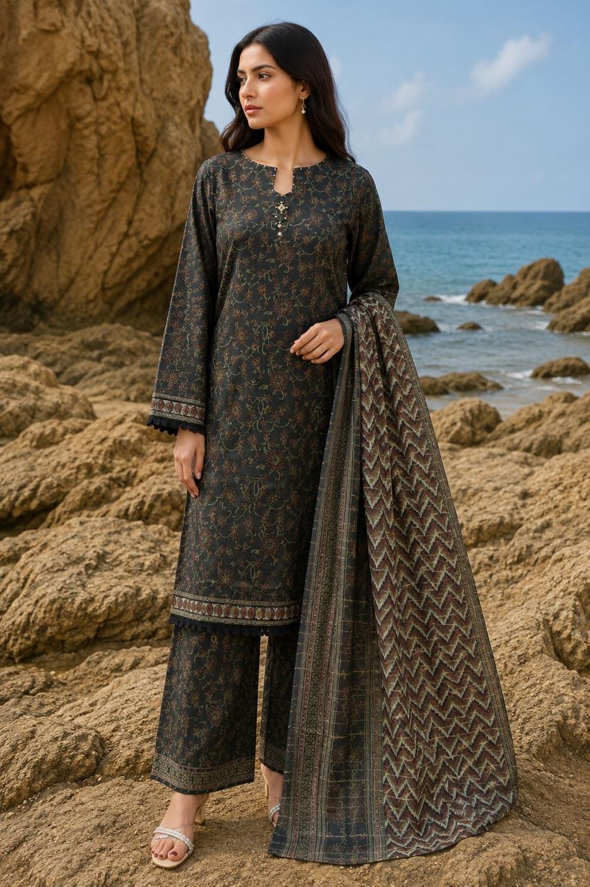 ZAREV Charcoal Green Botanical Printed Stitched Lawn Collection