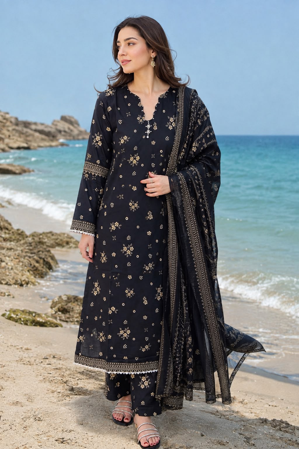 ZAREV Midnight Black Gold Motif Stitched Lawn Collection