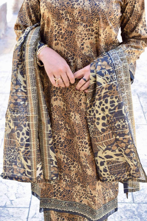 ZAREV Brown Cheetah Print Lawn 3PC Suit with Embellished Neckline
