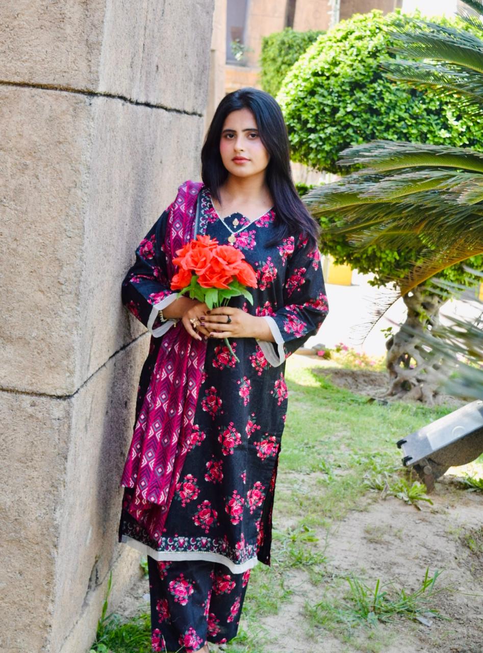 ZAREV Black & Pink Floral Printed 3-Piece Stitched Lawn Suit