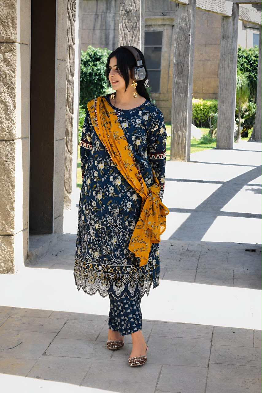 ZAREV Sapphire Blue Embroidered Lawn 3PC Suit with Yellow Dupatta