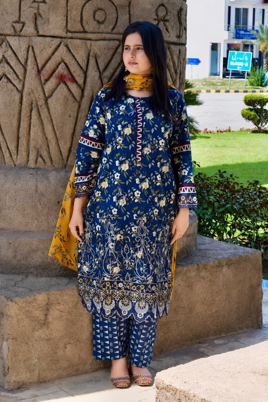 ZAREV Sapphire Blue Embroidered Lawn 3PC Suit with Yellow Dupatta