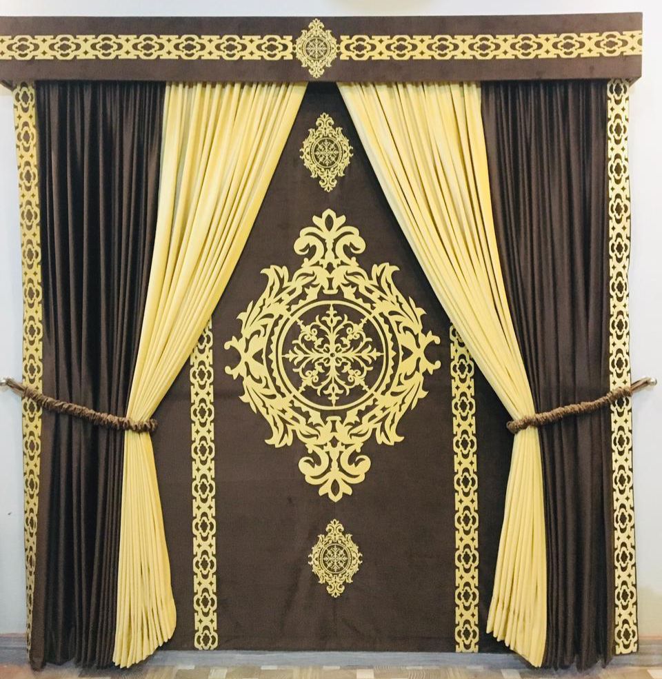 ZAREV Royal Maroon & Gold Velvet Curtain Set with Wooden Pelmet